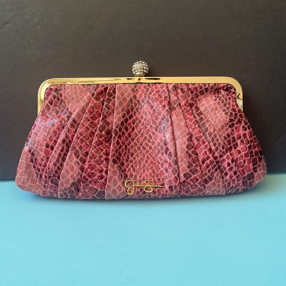 Jessica Simpson Pink and Red snake skin top-latch clutch purse